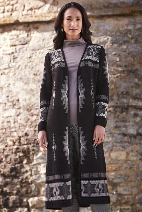 Long black alpaca cardigan with white pattern