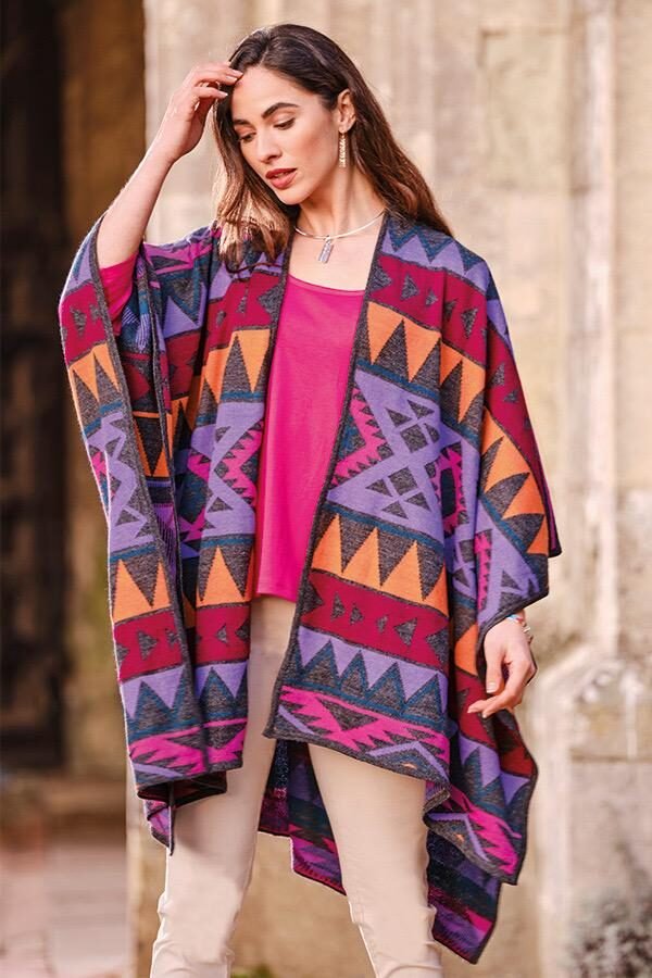 Open alpaca ruana in pink, purple and orange