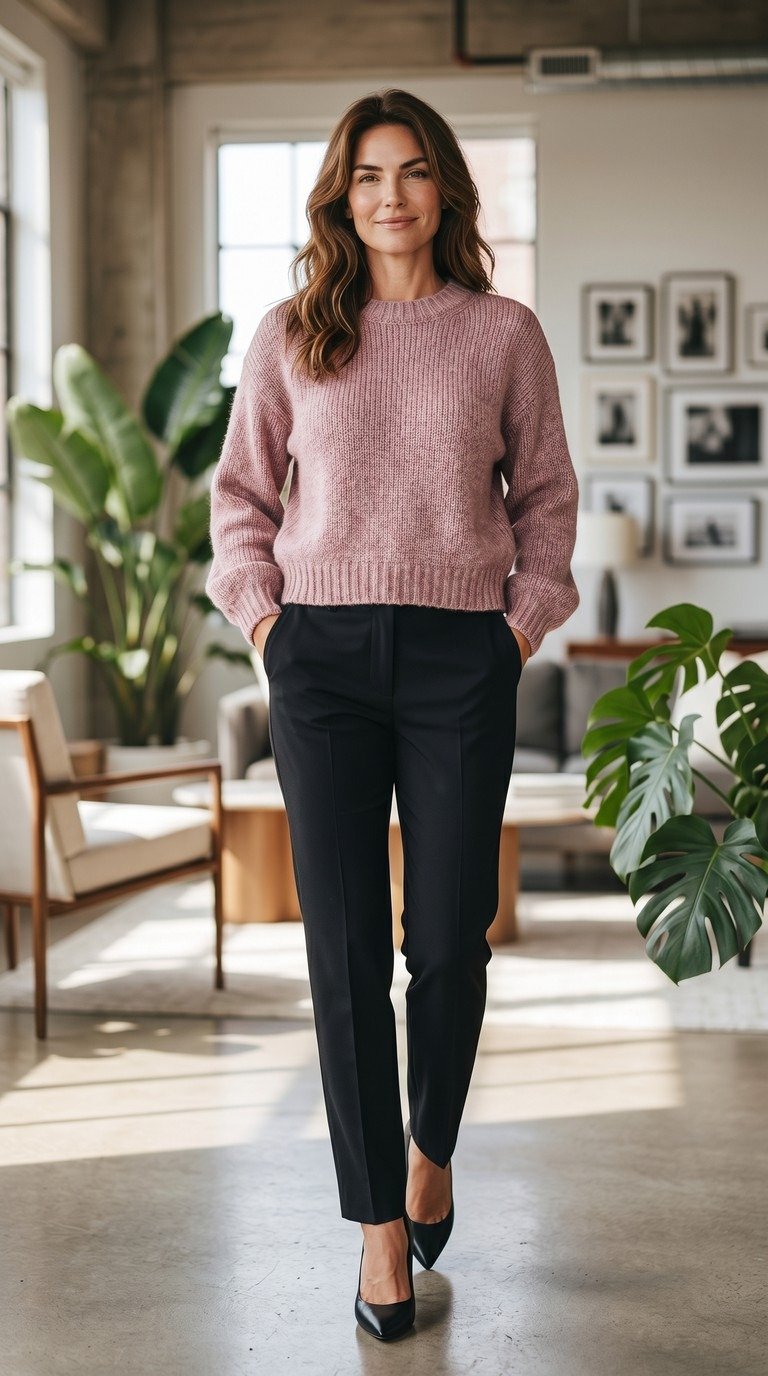 The Fall Alpaca Sweater: a plain ribbed crewneck, shown in dusty rose