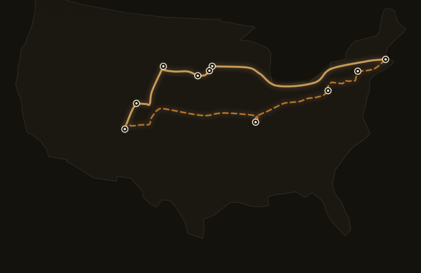 The route of the 2026 tour across the United States